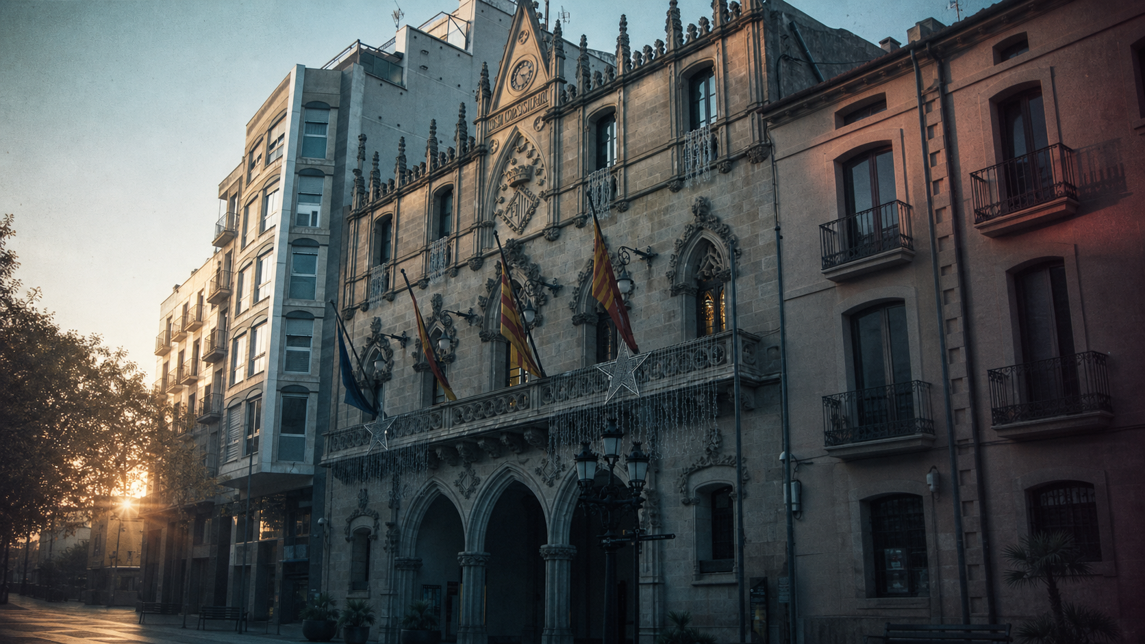 Edificio institucional de Terrassa fotografiado con luz urbana y una intervención gráfica editorial muy sutil.