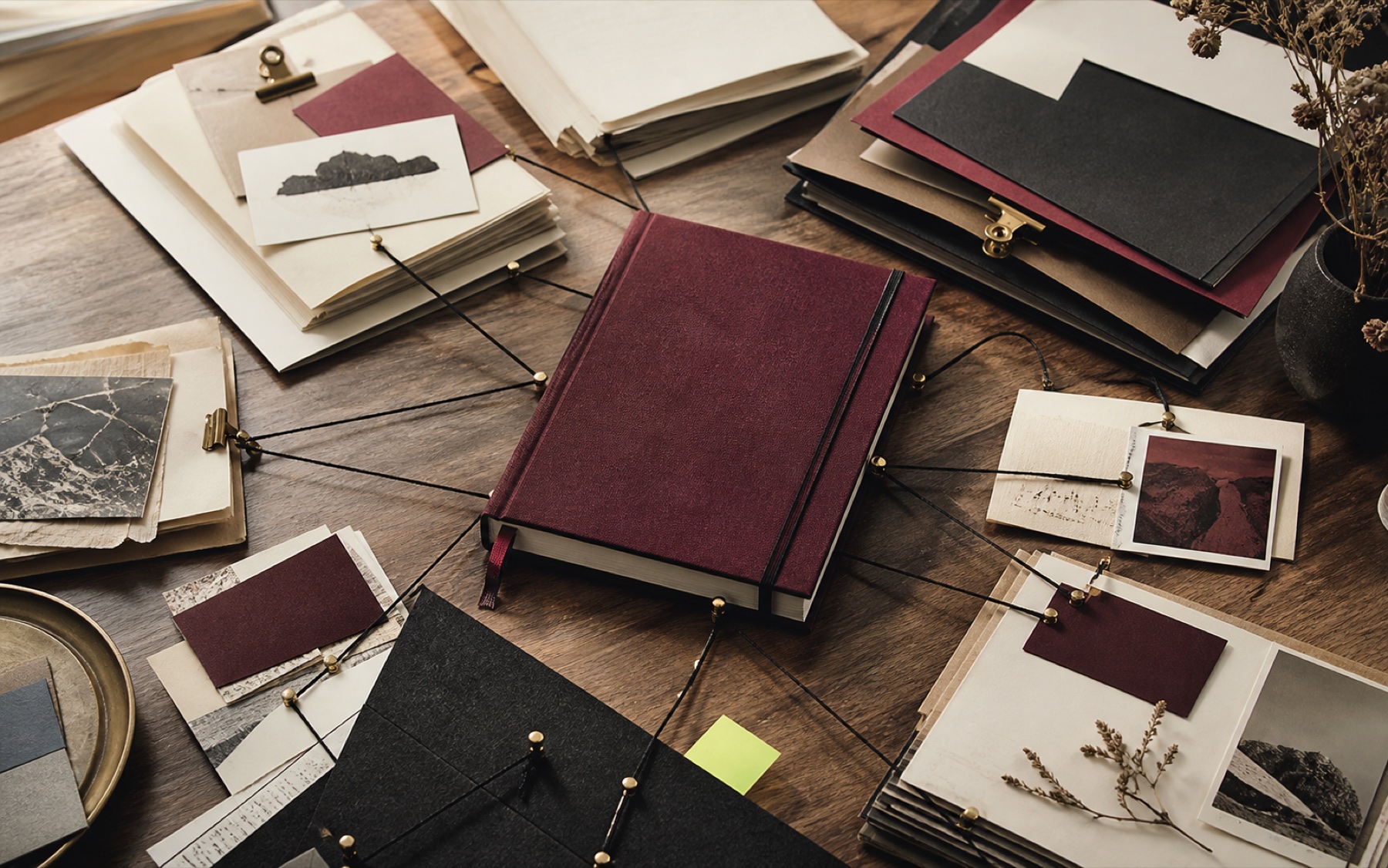 Documentos y piezas de conocimiento ordenadas alrededor de un cuaderno central