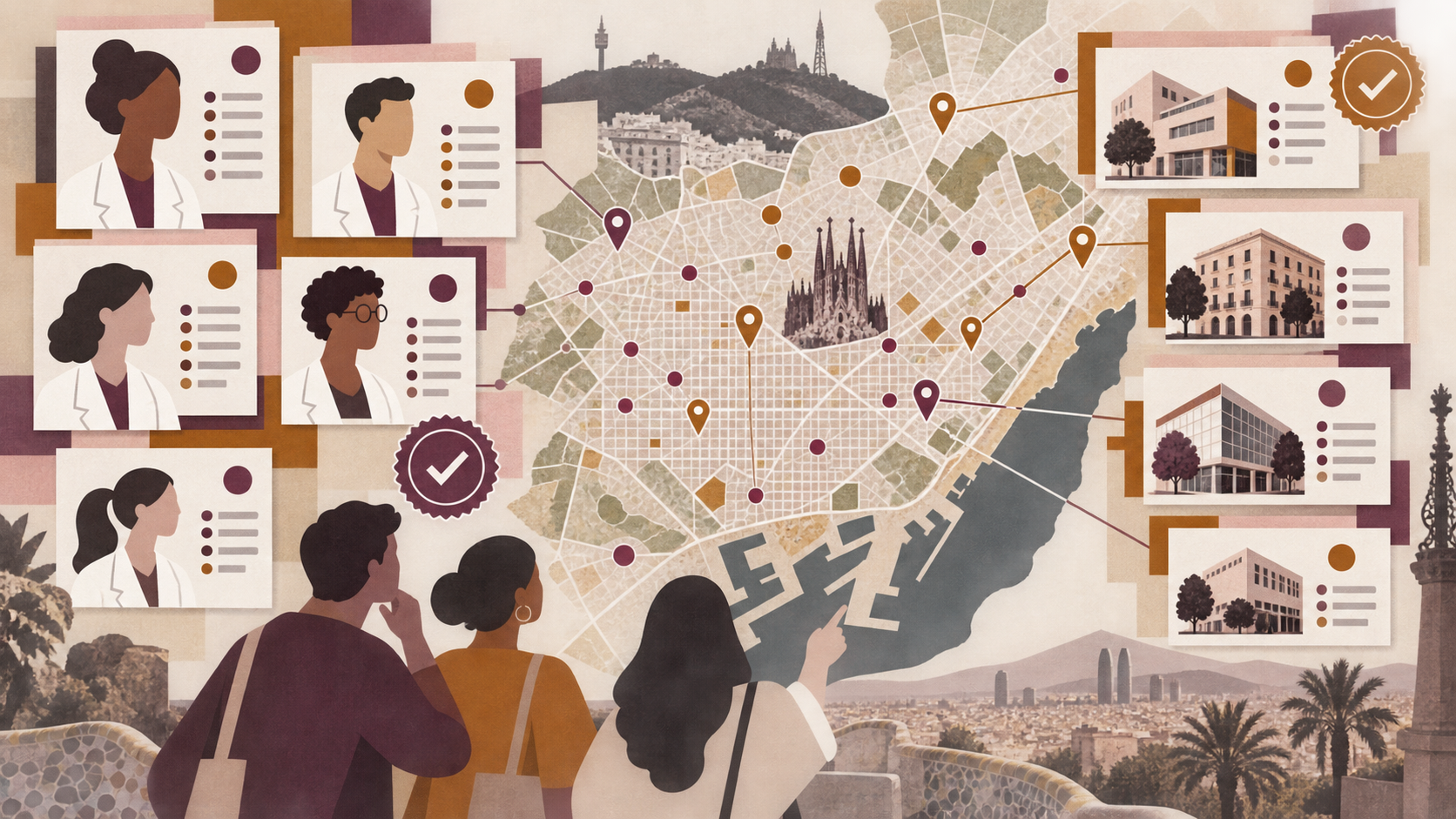 Nutrition professionals and centres appear as distinct entities connected across a map of Barcelona.