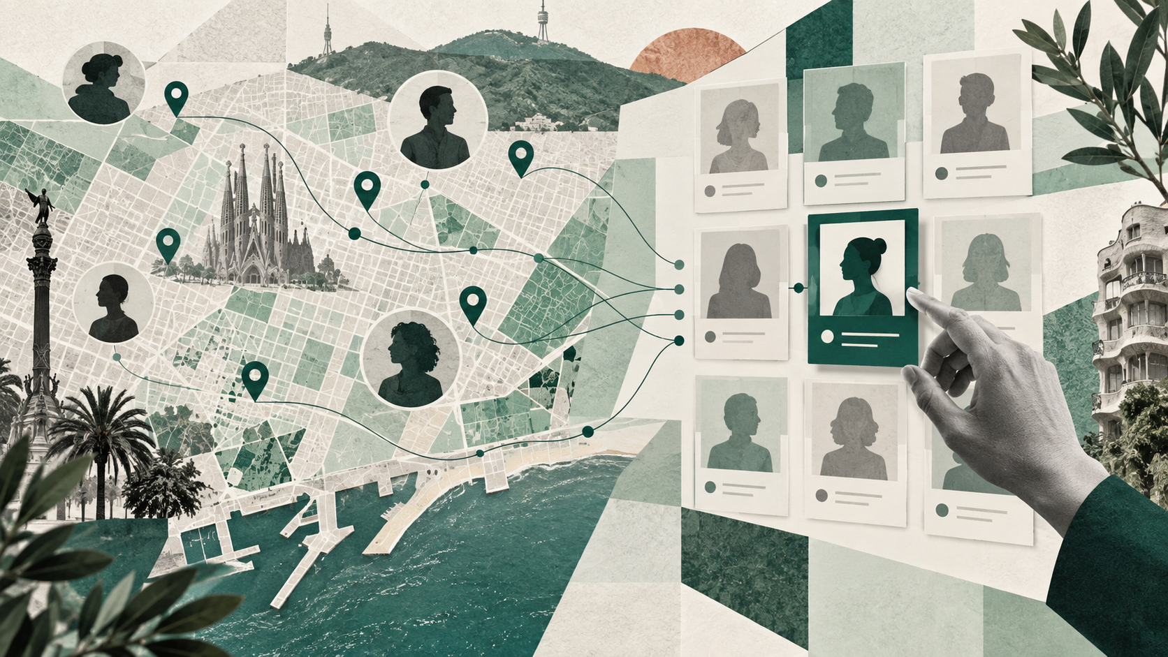 An orderly map of Barcelona connects filters, locations and professional profiles in an institutional directory.