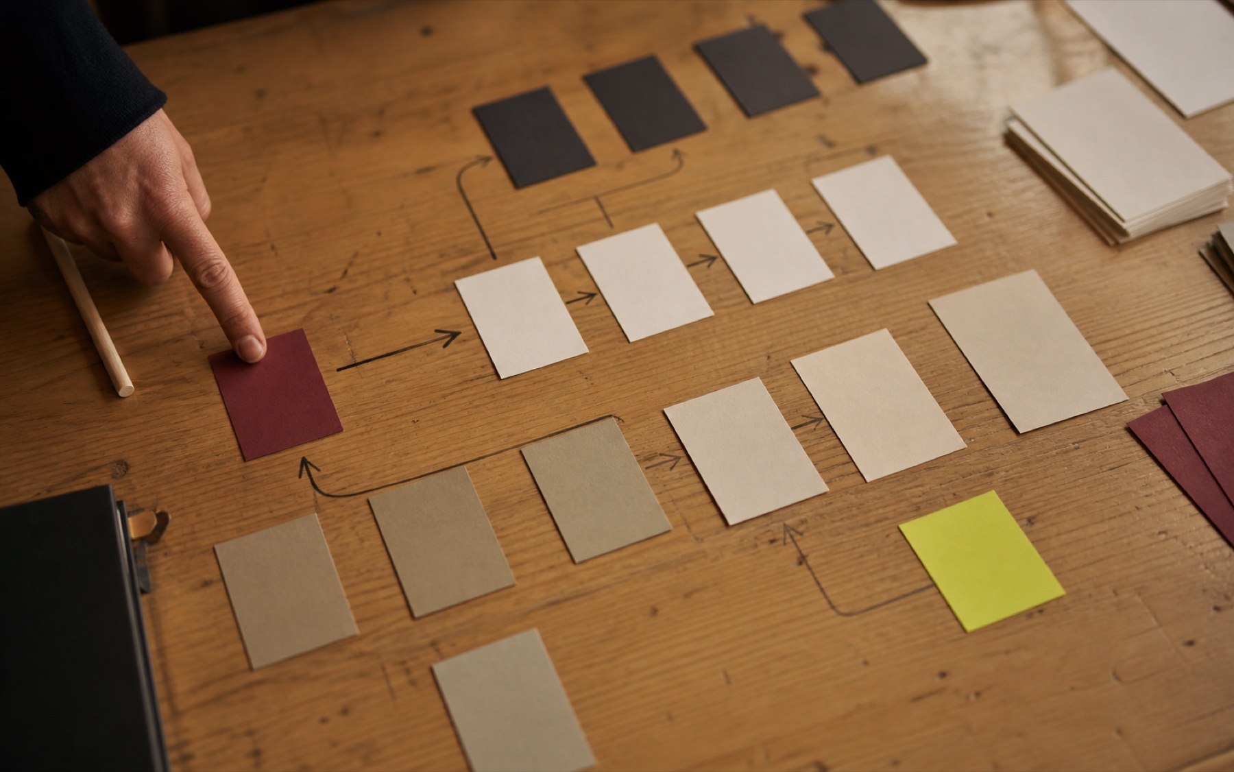 Proceso de trabajo construido con tarjetas sobre una mesa