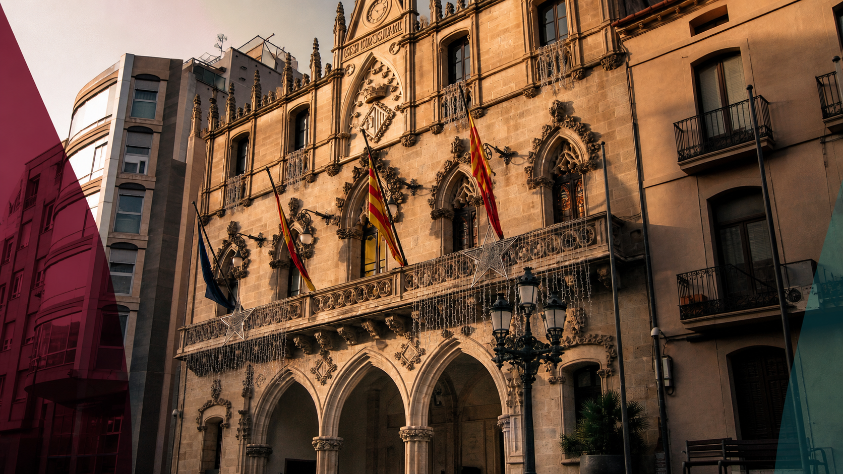 Fachada del Ayuntamiento de Terrassa con una intervención editorial sutil en carmín y azul mineral.
