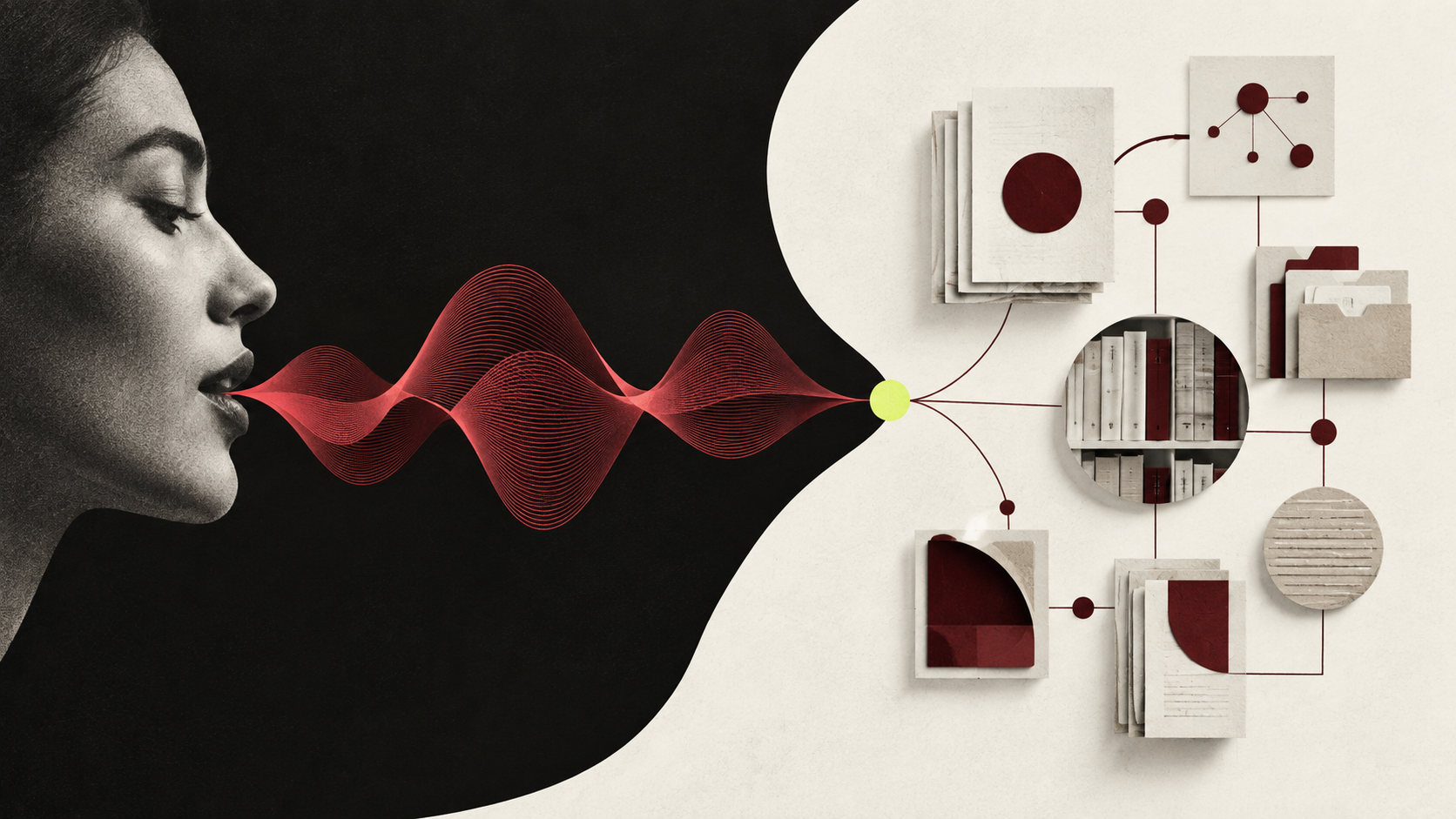 A human voice wave connects to an orderly architecture of corporate knowledge.