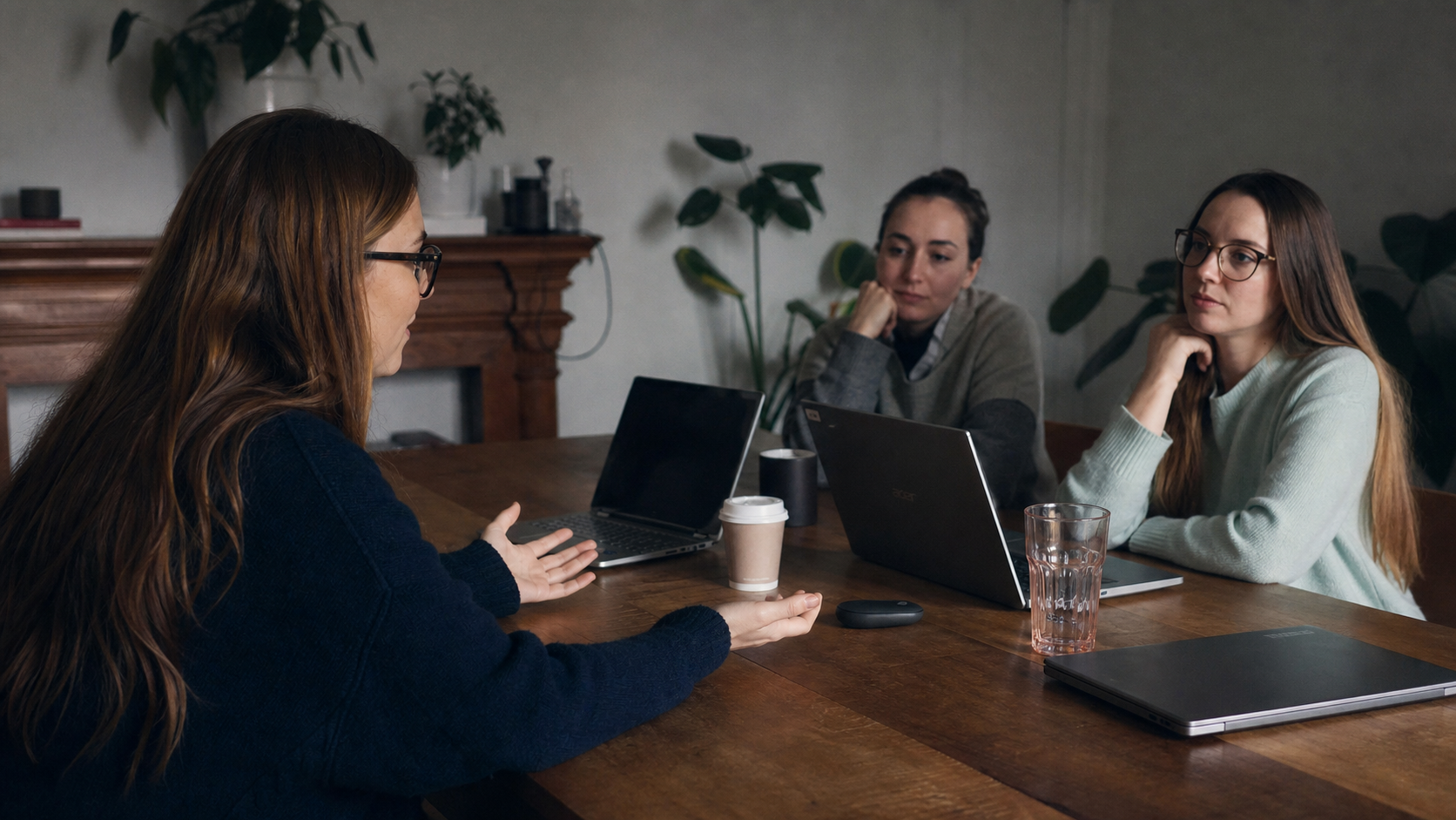 Reunión de trabajo estratégica en una oficina contemporánea con luz lateral y textura fotográfica.